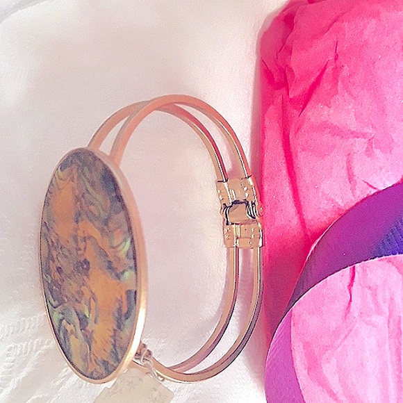 Cuff Bracelet Nautical Shell Natural Abalone Goldtone Brass Hinged Beach Vintage - Picture 4 of 6